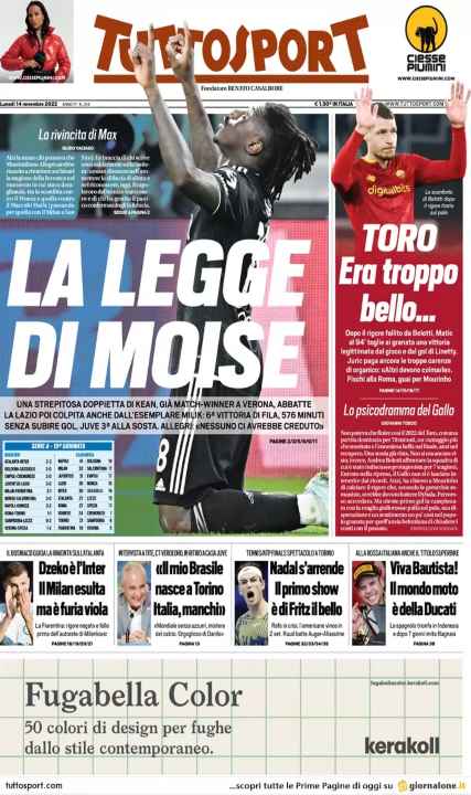 Le prime pagine dei giornali di oggi Tuttosport 14 11 2022
